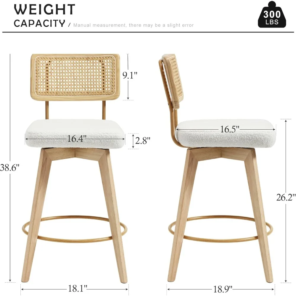 26” Natural Rattan Bar Stools, Swivel Solid Wood Counter Stools Set of 2, Upholstered Armless Island Stools with Wooden Legs and