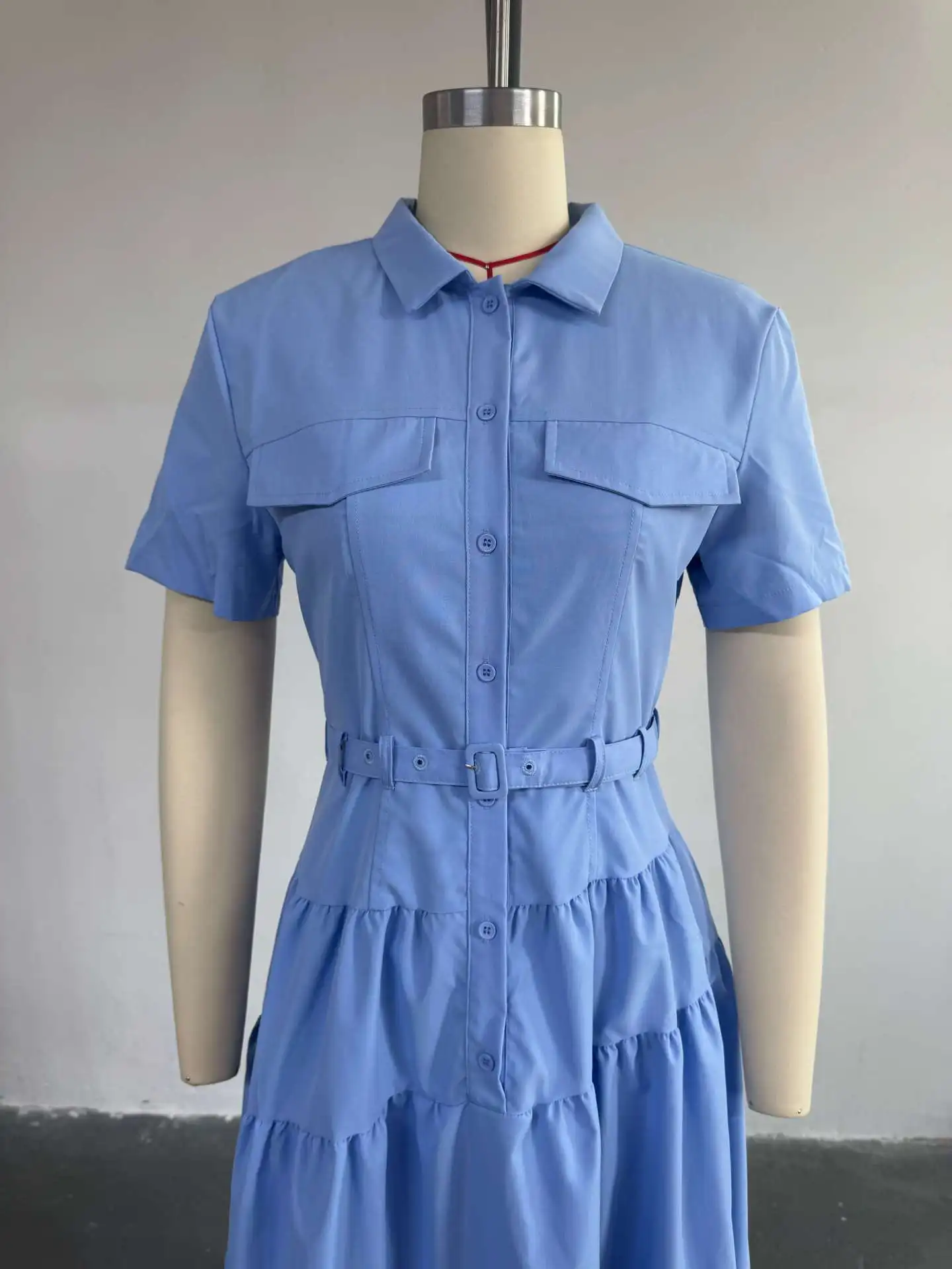 Summer Shirt Dress Women Fashion Turn-Down Collar Short Sleeve Solid Color Button Waist Belt A-Line Shirt Dress