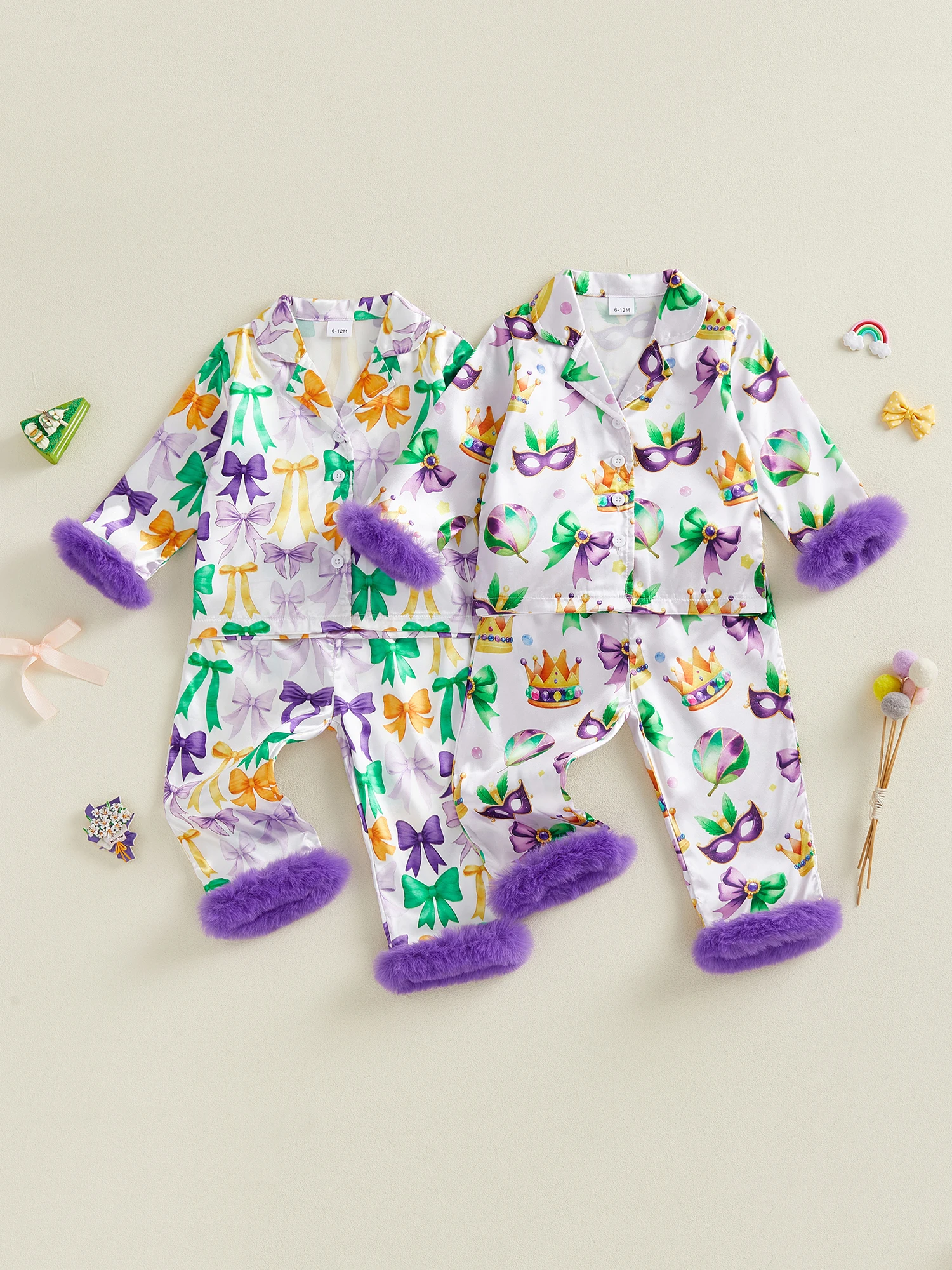 طقم بيجامة رائع للأطفال الأولاد MardiGras مع طباعة ملونة وحواف فرو مريحة - بلوزات وسراويل متطابقة مع أزرار سفلية