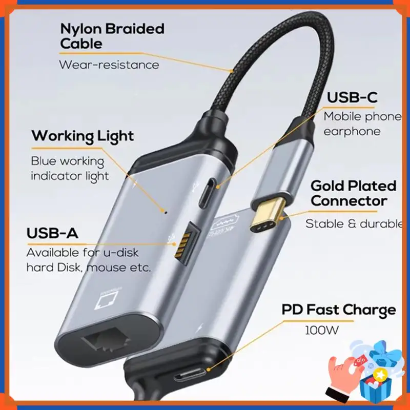 Compact 3 In 1 Type-C To Gigabit Ethernet Rj45 Lan PD Multi-Function Converter Adapter For TV PC