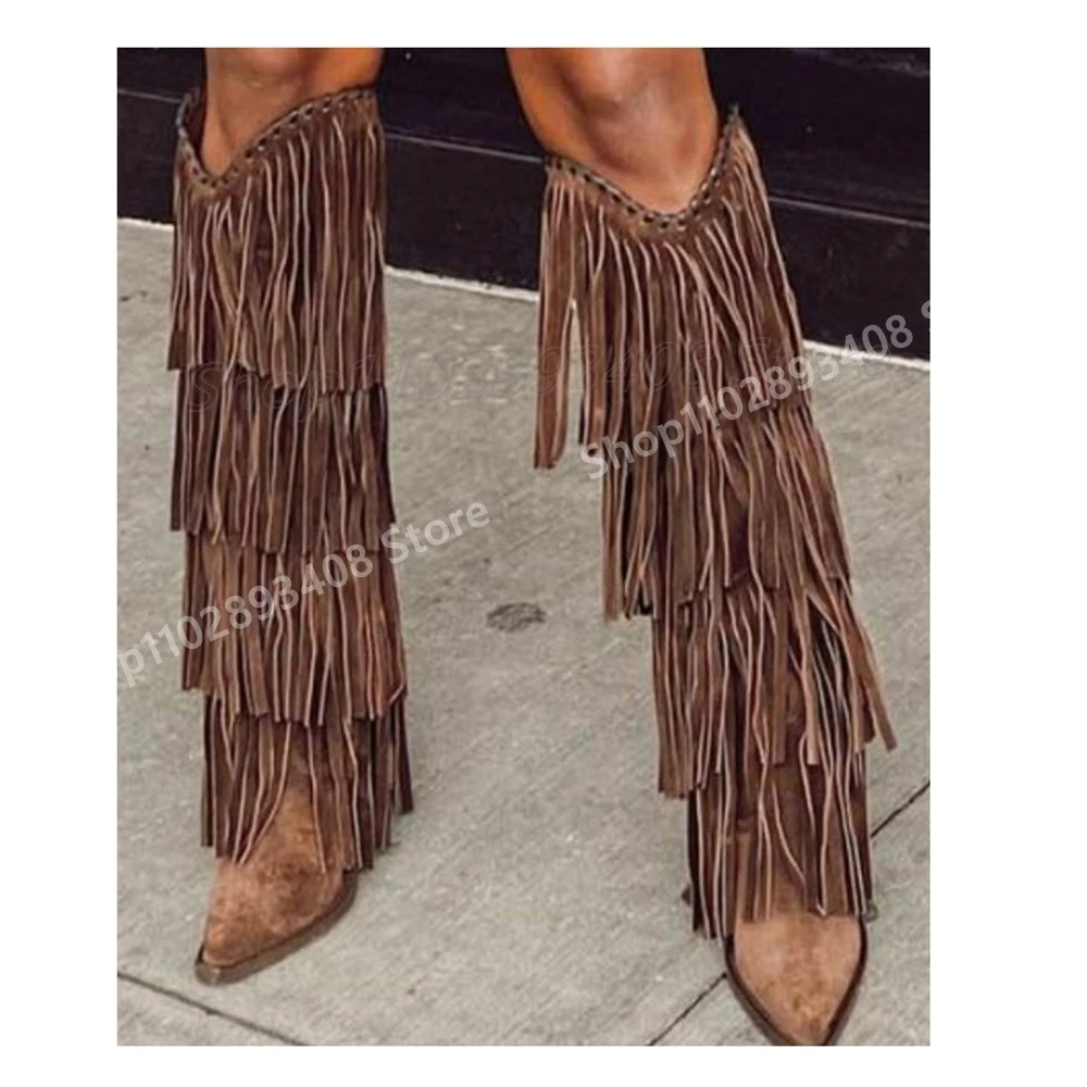 

Fringes Decor Western Girls Mid Calf Boots Suede Retro Stage Chunky High Heel Brown Fashion Women Shoes 2025 Autumn Para Mujere