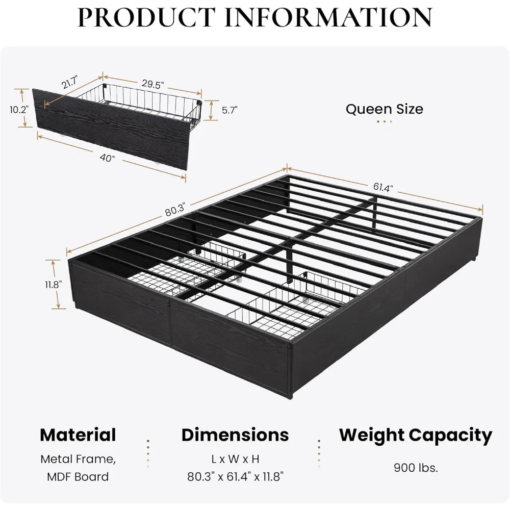 Queen Platform Bed Frame with 2 Large Storage Drawers, Noise-Free, Easy Assembly, No Box Spring Needed, Bed frame with storage