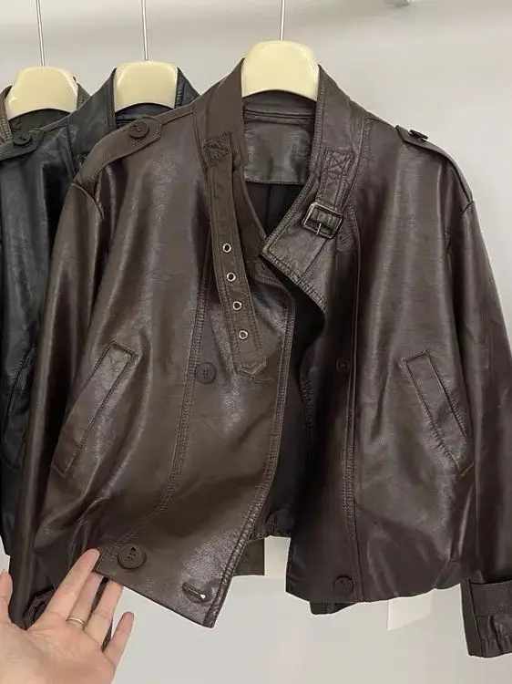 Faionable Stand Collar PU Leather Jaet Women's ort Sle 2025 Autumn New Loose Slimming Motorcycle Biker Coat