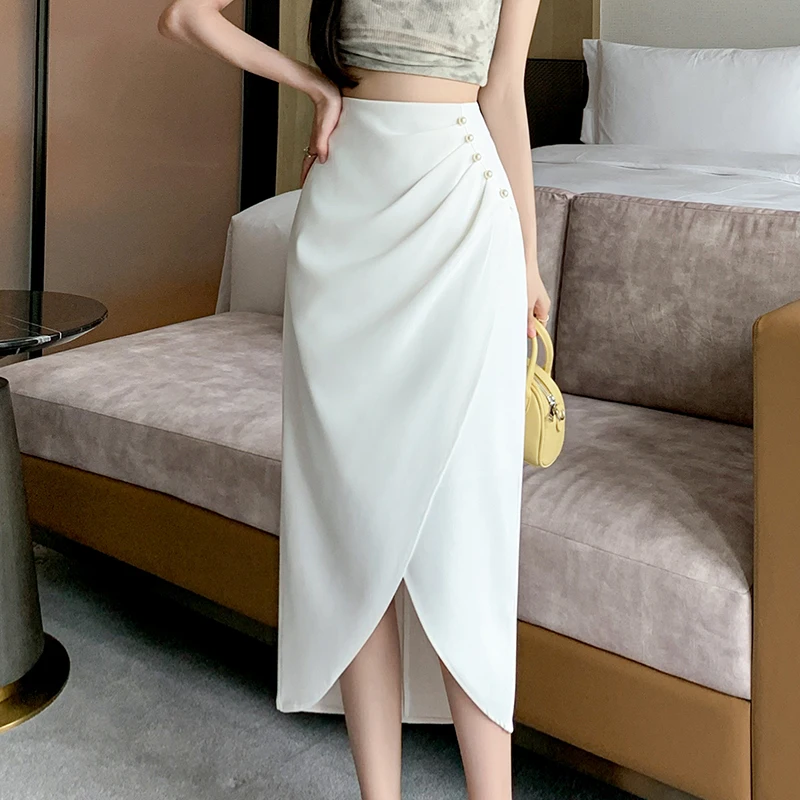 

Seoulish Irregular Beading Women's Skirts Elegant High Waist Fornt Split Solid Color Casual Office Ladies A-line Skirts Female