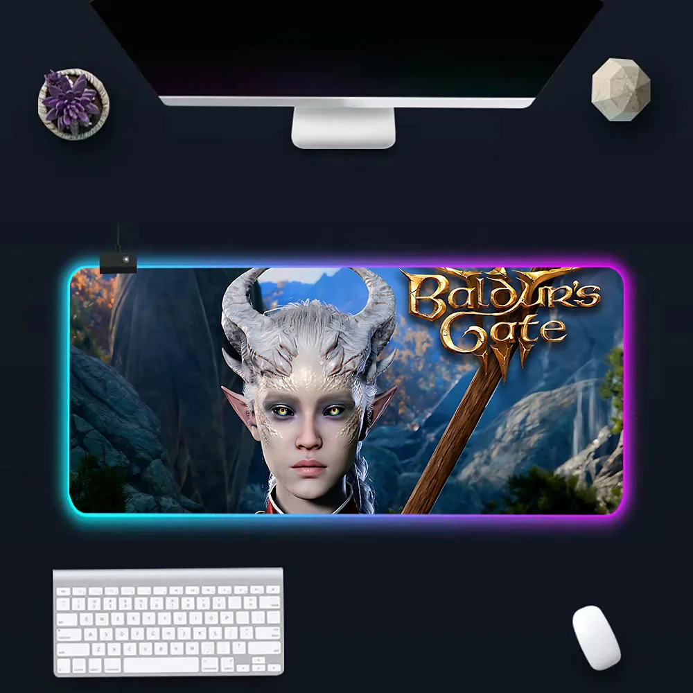 B-baldurs Gate 3 RGB Pc Mouse Pad, Mouse Pad bersinar LED, alas Mouse karet Komputer Gaming