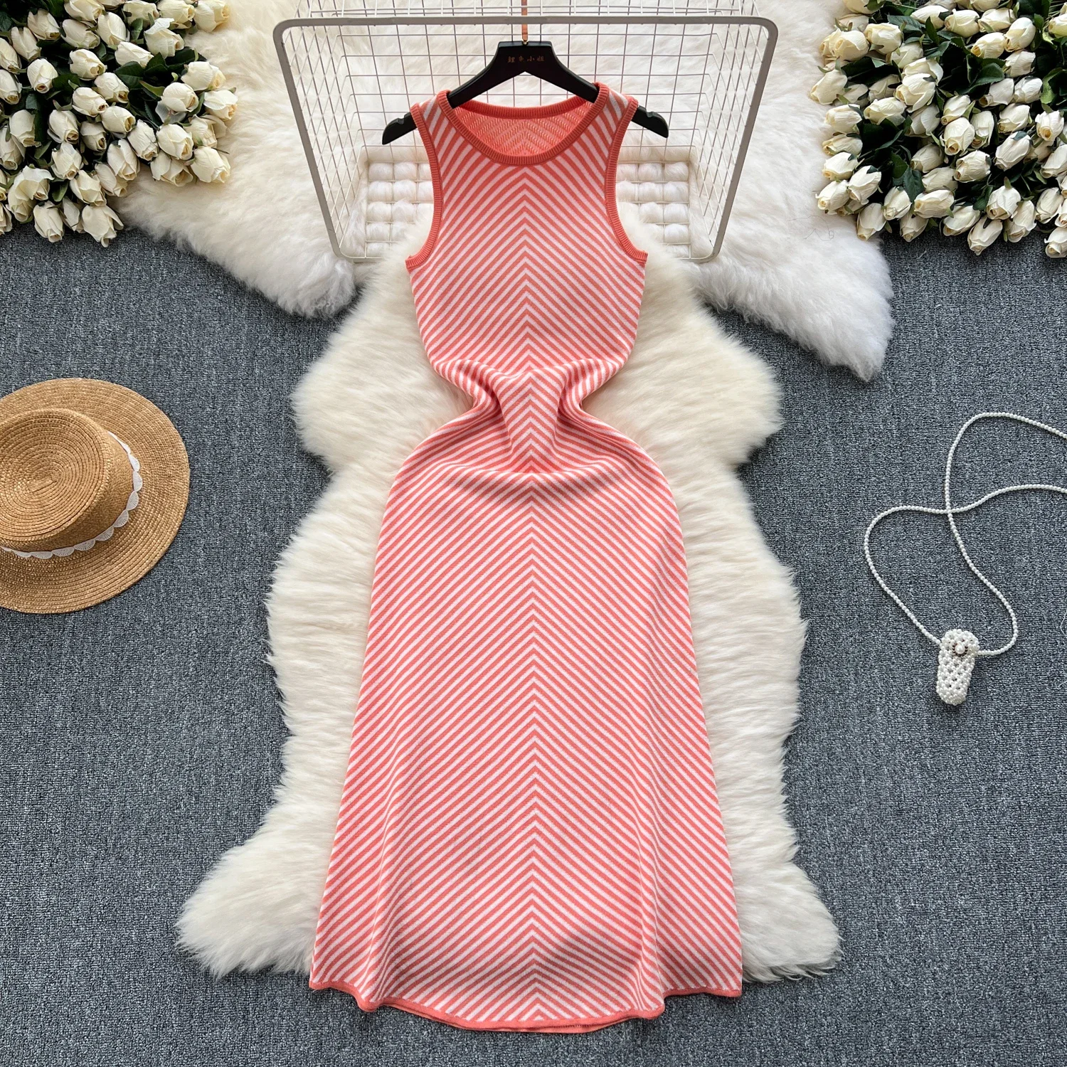 Summer Elastic Knit Bodycon Maxi Long Dress Women\'s Elegant Sleeveless O Neck Tank Dress Street Vacation Beach Casual Sundress