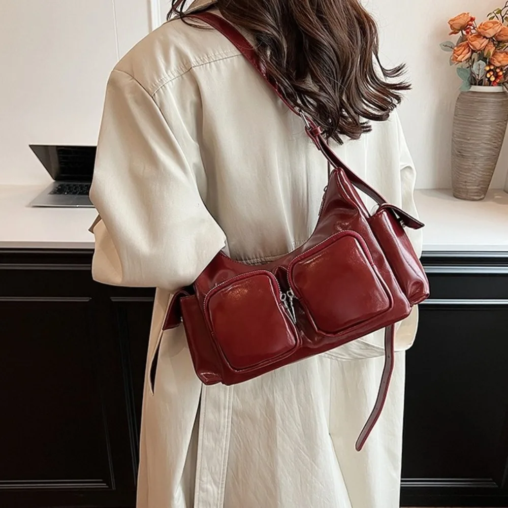 

Y2K Pocket Crossbody Bag Zipper Korean Style PU Leather Underarm Bag Solid Color Adjustable Shoulder Strap Women Handbag Girls