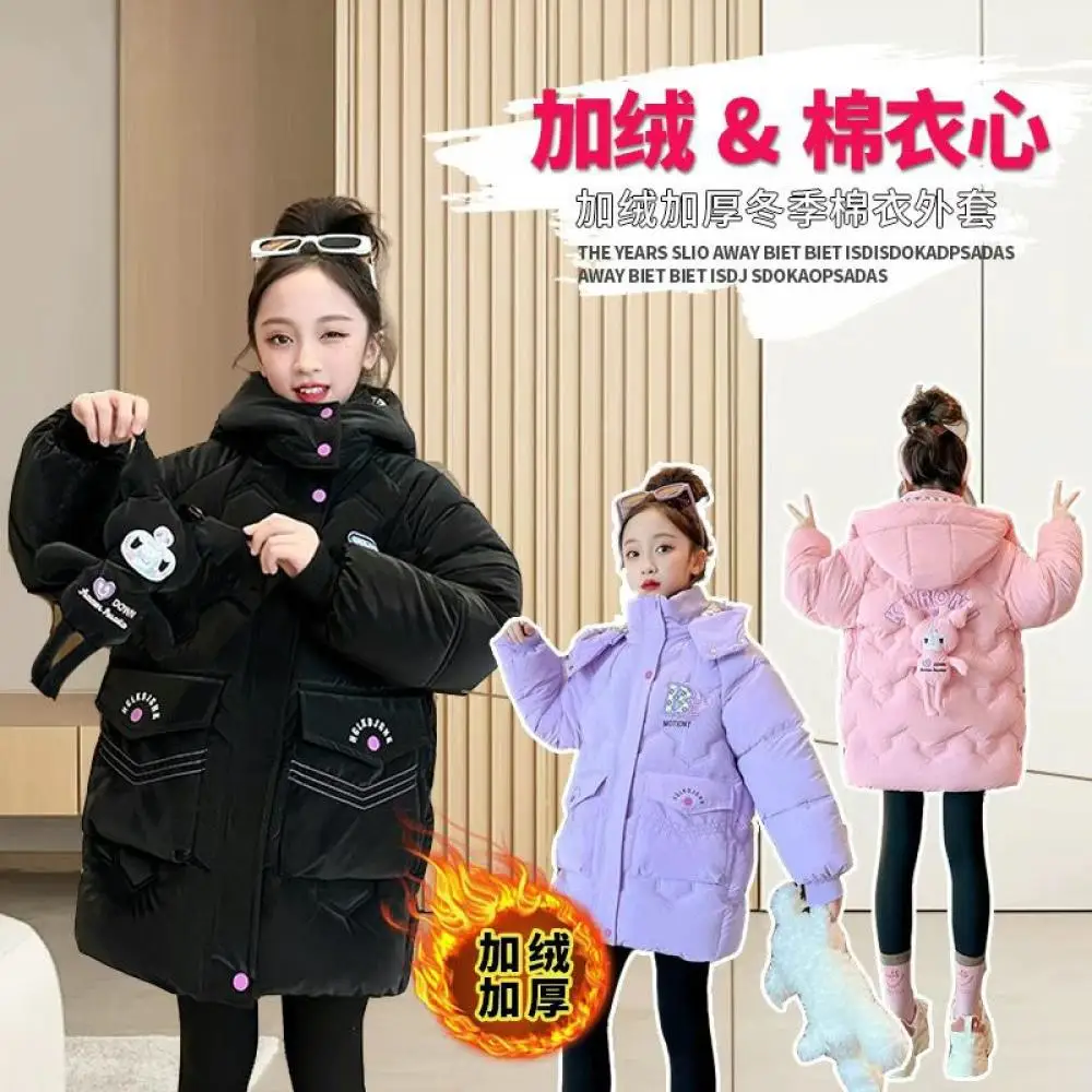 Kawaii Sanrio Kuromi Girls Plus Velvet Padded Jacket Down Cotton Coat Kids Anime Cartoon Cotton Clothes Winter Child Clothing