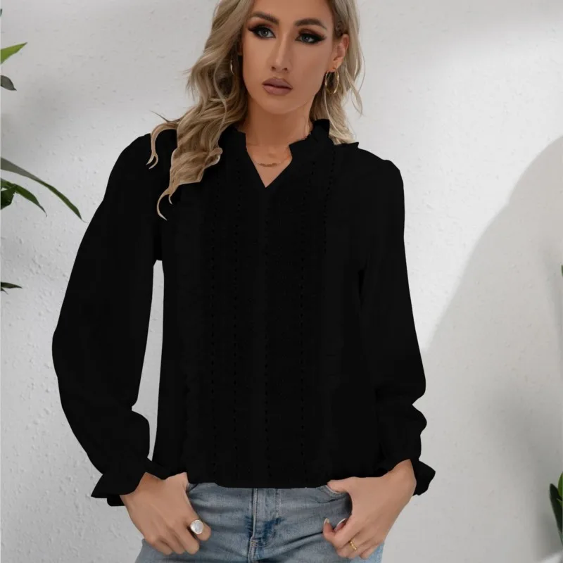 Summer New Women\'s V-neck Lace Patchwork Hollowed Out Blouse 2024 Ladies Single Breasted Ruffle White Solid Shirt Femme Blusas