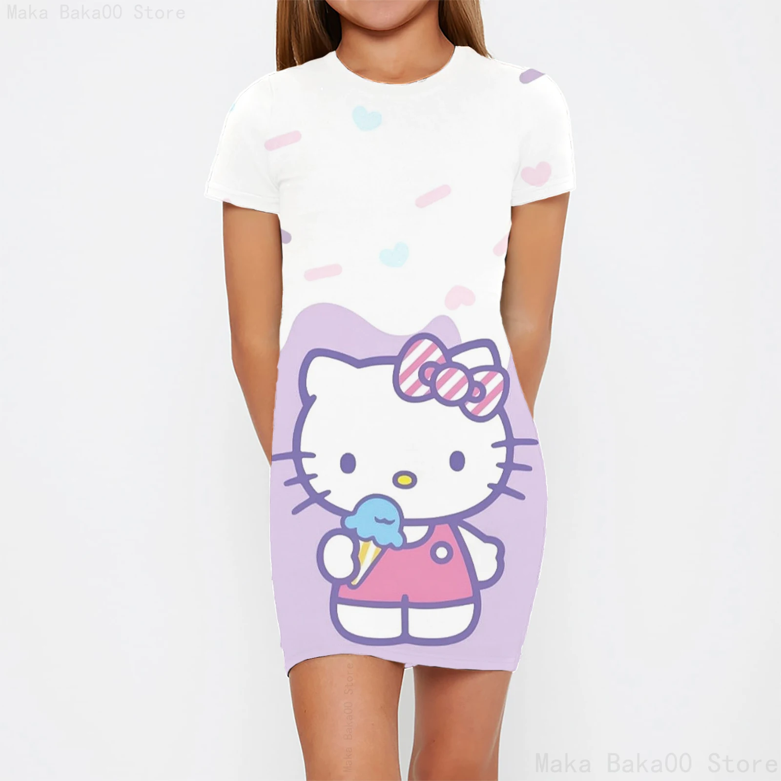 Cute series cartoon Hello Kitty Hello Kitty print cute short-sleeved T-shirt girls home dress casual loose nightdress