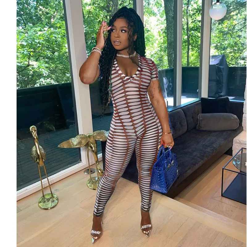 KEXU-mono Sexy transparente con estampado de malla y cuello en V para mujer, monos de fiesta para Club nocturno