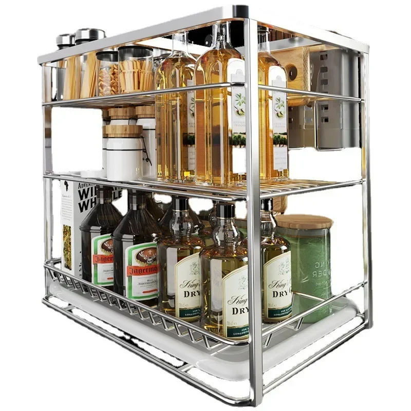 

for Kitchen Cabinets 304 Stainless Steel Double Layer Storage Bowl Basket Seasoning Slide Drawer Kitchen Cabinet