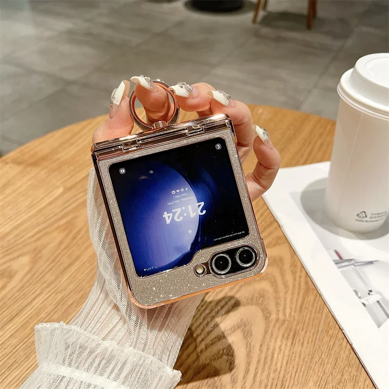 Phone Case For Samsung Galaxy Z Flip 3 4 5 6 5G Glitter Trim With Ring Electroplated Plastic Back Cover