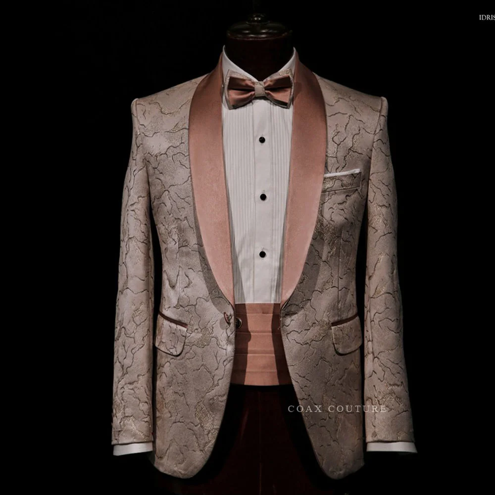 Abiti da sposa da uomo Jacquard bianco con colletto in raso nero Smoking 2 pezzi Abiti da sposo Terno per uomo (giacca + pantaloni)