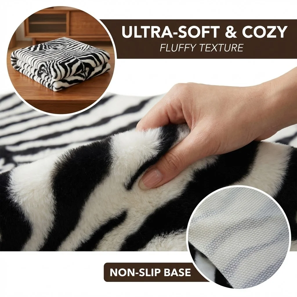 Faux Zebra Skin Rug, Soft & Silky Smooth Fur Area Carpet, Anti-Slip TPR Backing, Luxury Home Decorative Mat for Bedroom Lounge