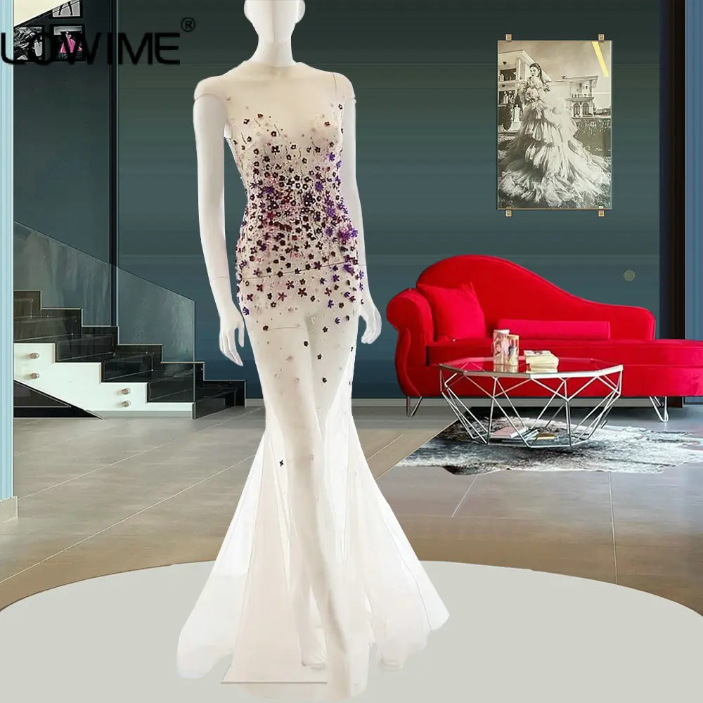 

Lowime Sexy Ivory Illusion Long Evening Dresses Handmade Flowers Mermaid Birthday Party Gowns Vestidos De Fiesta Longue Robes