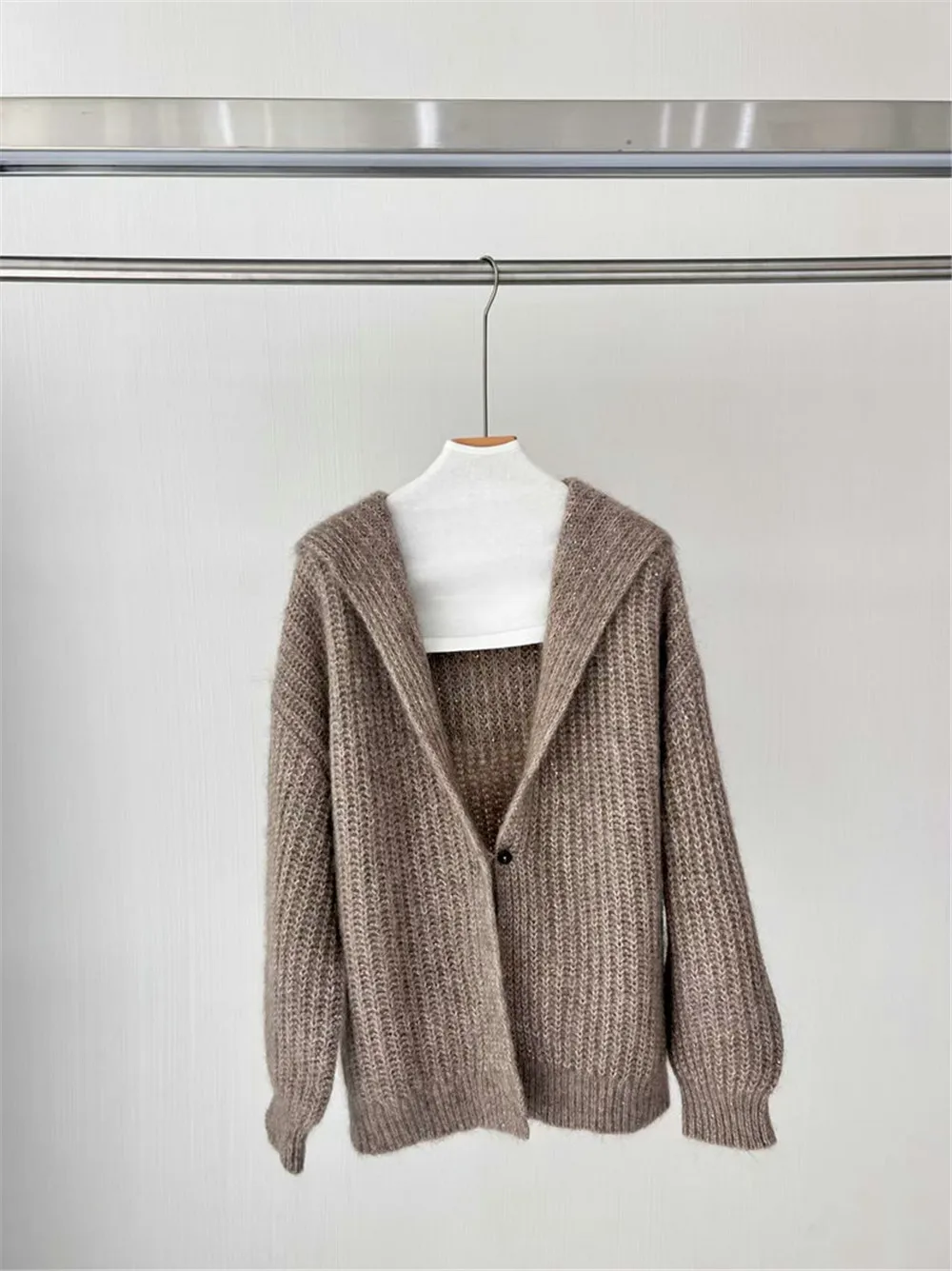 Women's 25 Autumn/Winter Hooded Collar One Button Button Horsehair Cashmere Blended Cardigan Sweater Jacket