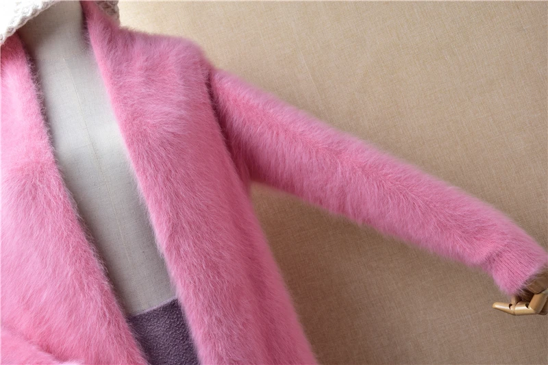 Ladies Women Spring Autumn Pink Hairy Angora Rabbit Hair Knitted Long Sleeves Loose Cardigans Mantle Mink Fur Jacket Sweater Top