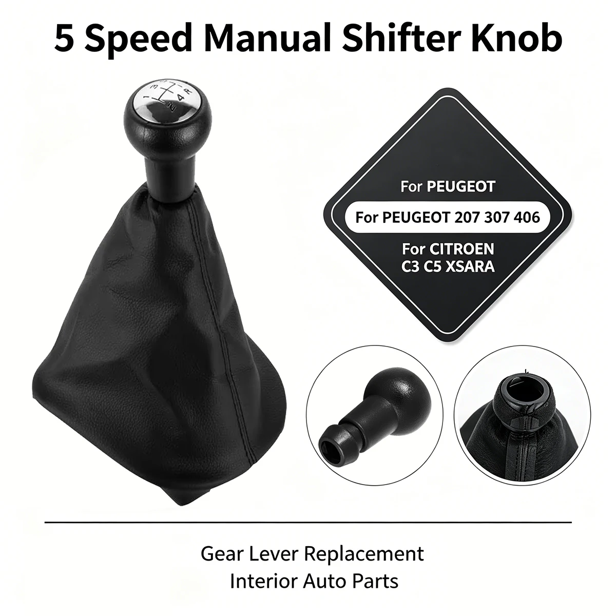 For PEUGEOT 207 307 406 For CITROEN C3 C5 XSARA, 5 Speed Gear Shift Knob with Gaiter Boot Cover, Manual Shifter Replacement Car