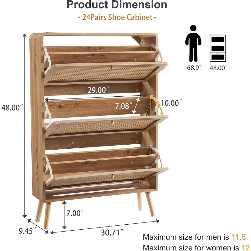 Rattan Shoe Cabinet with 3 Flip Drawers, 24 Pairs Shoe Storage Cabinet for Entryway Freestanding Hidden Shoe Rack with Drawers