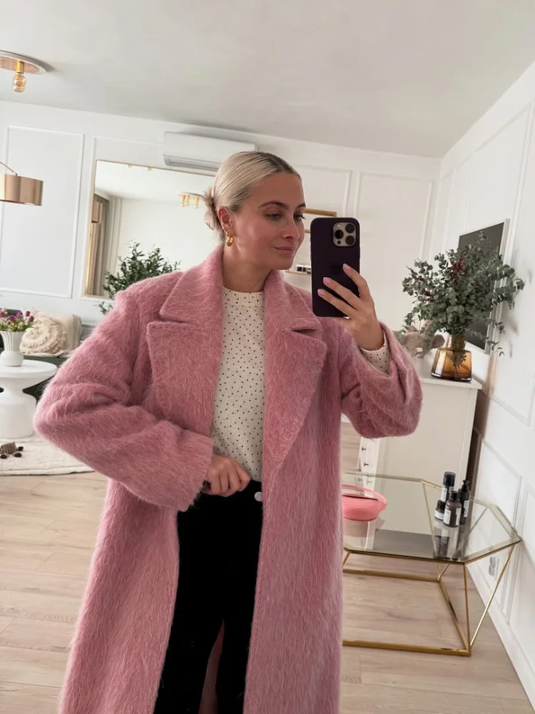 

Long Woolen Coat women Commuting Pink Blended Overcoat Minimalism Fashion Elegant Lapel Loose Casual Women Outwear Top