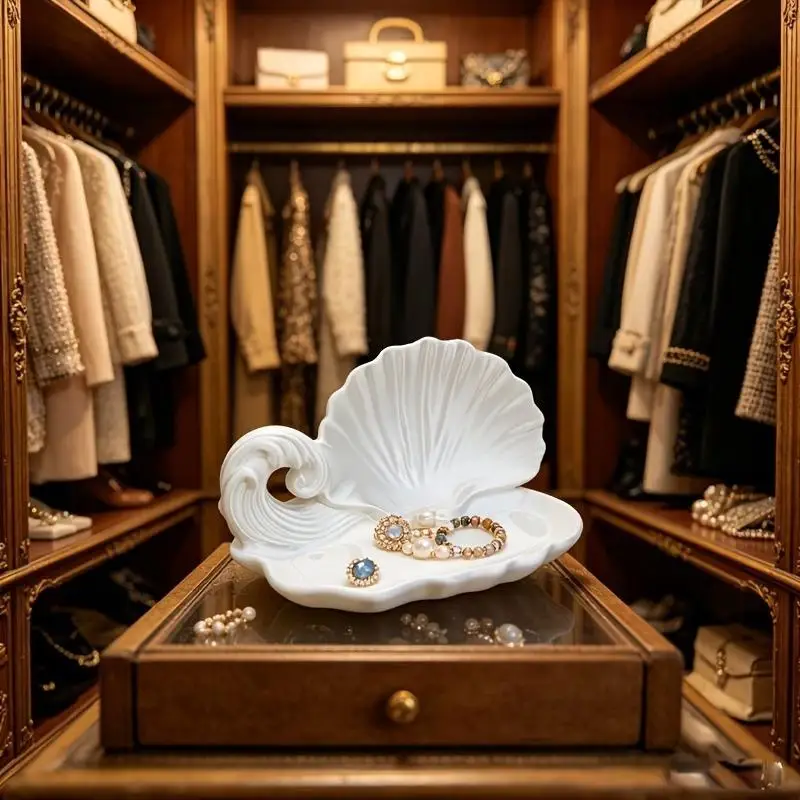 Exquisites Schmuckaufbewahrungstablett in Muschelform mit Meereswellenmuster, stilvolles Zubehörtablett für Schmuck, Geschenke oder Schmuckstücke. – Detail 7
