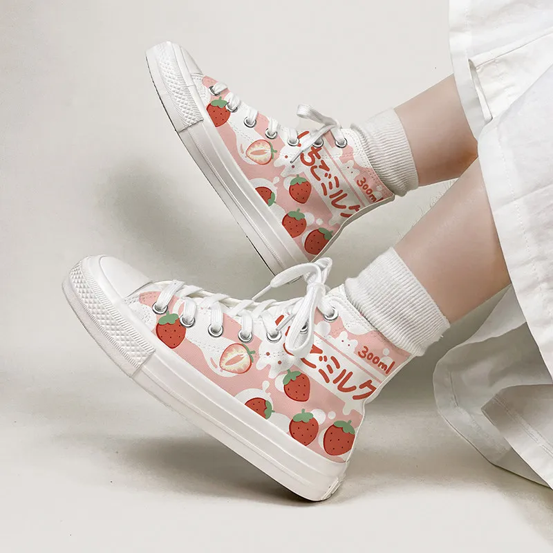 

Cute Strawberry Print High Top Platform Canvas Shoes For Women Lined Japanese Style Casual Sneakers Soft Sole Student Shoes