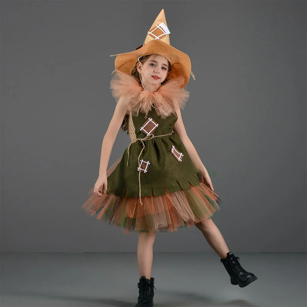 Scarecrow Cosplay Kids Tutu Dress Hat Costume Movie The Wonderful Wizard Outfits Little Girls Dance Clothing Halloween Suits