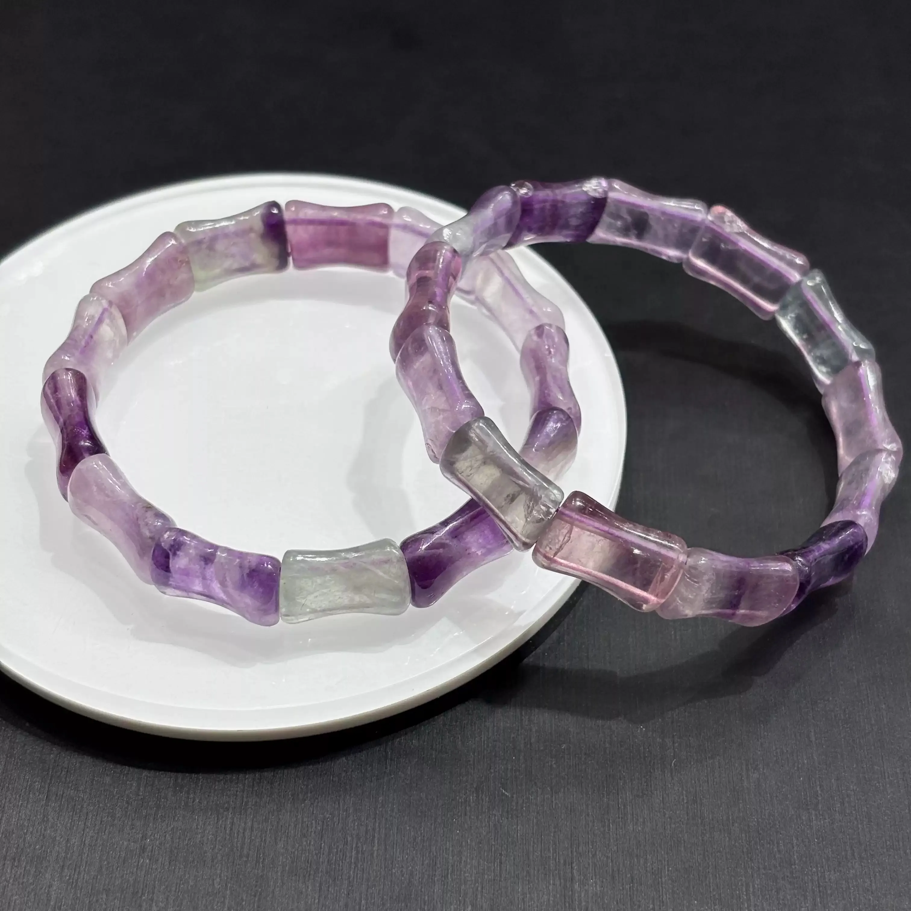 

Purple Fluorite Bamboo-Style Bracelet — Polished Segment Bead Stretch Bangle for Daily Wear, Modern Stone Jewelry Gift