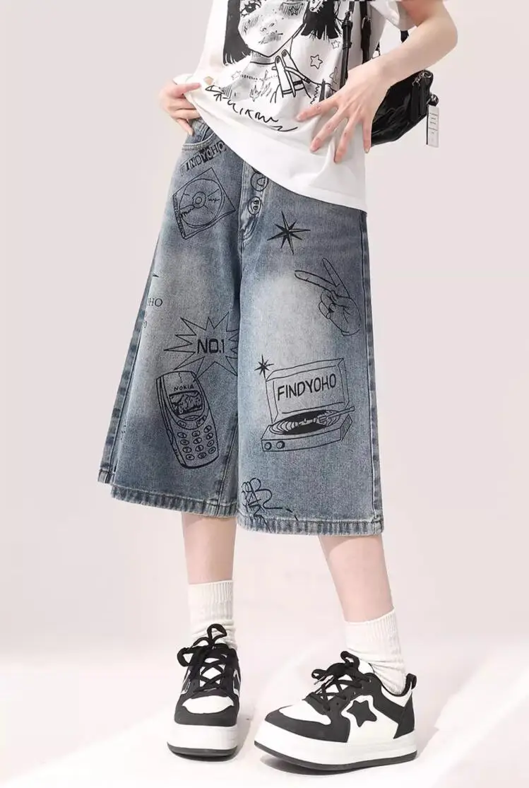 Graffiti 7/7 denim shorts women's summer American retro loose couple straight leg wide leg 5/5 mid pants trendy