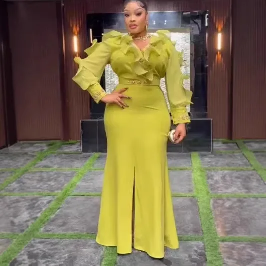 

Africa Clothing Women Party Maxi Dress V Neck Long Sleeve Slit Package Hip Bodycon Elegant Wedding Evening Party African Female