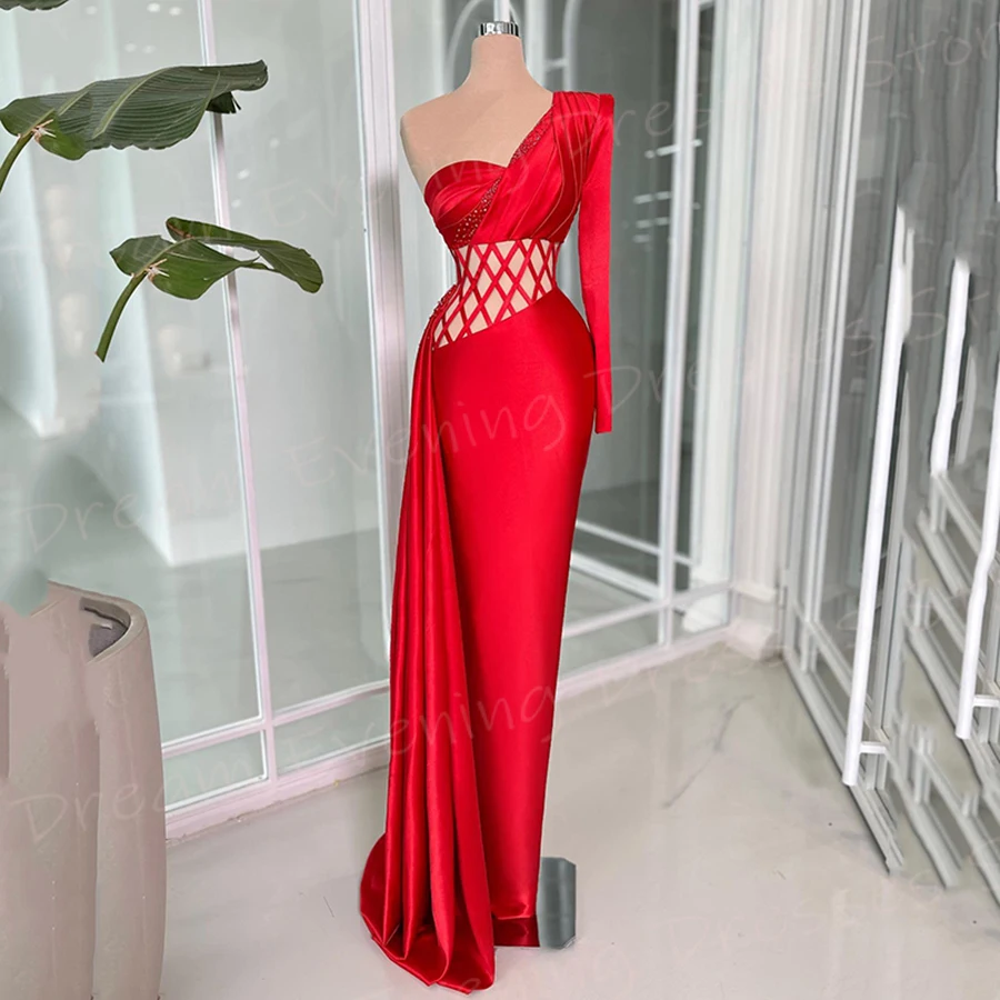 Simple Generous Red Mermaid Fascinating Women's Evening Dresses Fashionable One Shoulder Prom Gowns New Ruched Vestido De Noche