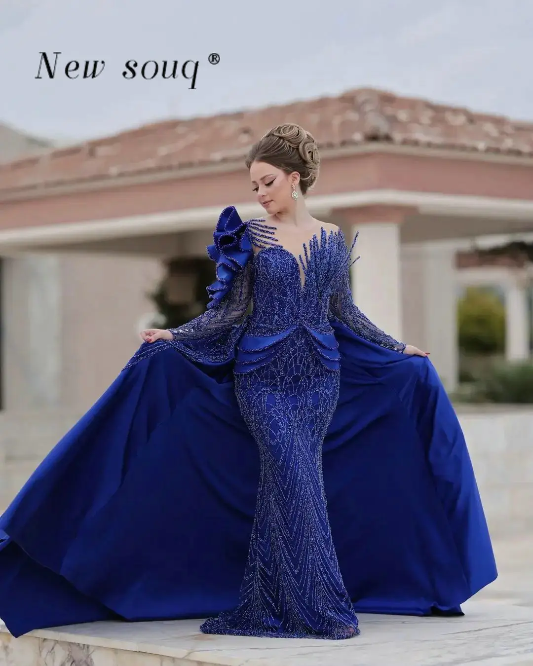 Customized Royal Blue Long Sleeves Evening Dresses with Detachable Train Elegant Glitter Beaded Overskirts Wedding Party Gowns