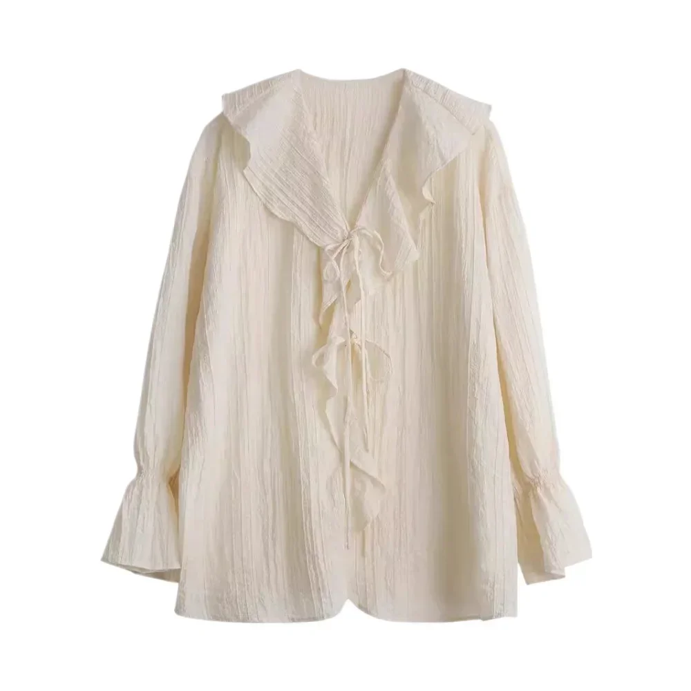 Koszula damska luźna na co dzień z marszczonymi krawędziami bluzki damskie V Neck zasznurować średniej długości koszule damskie wiosna lato 2025