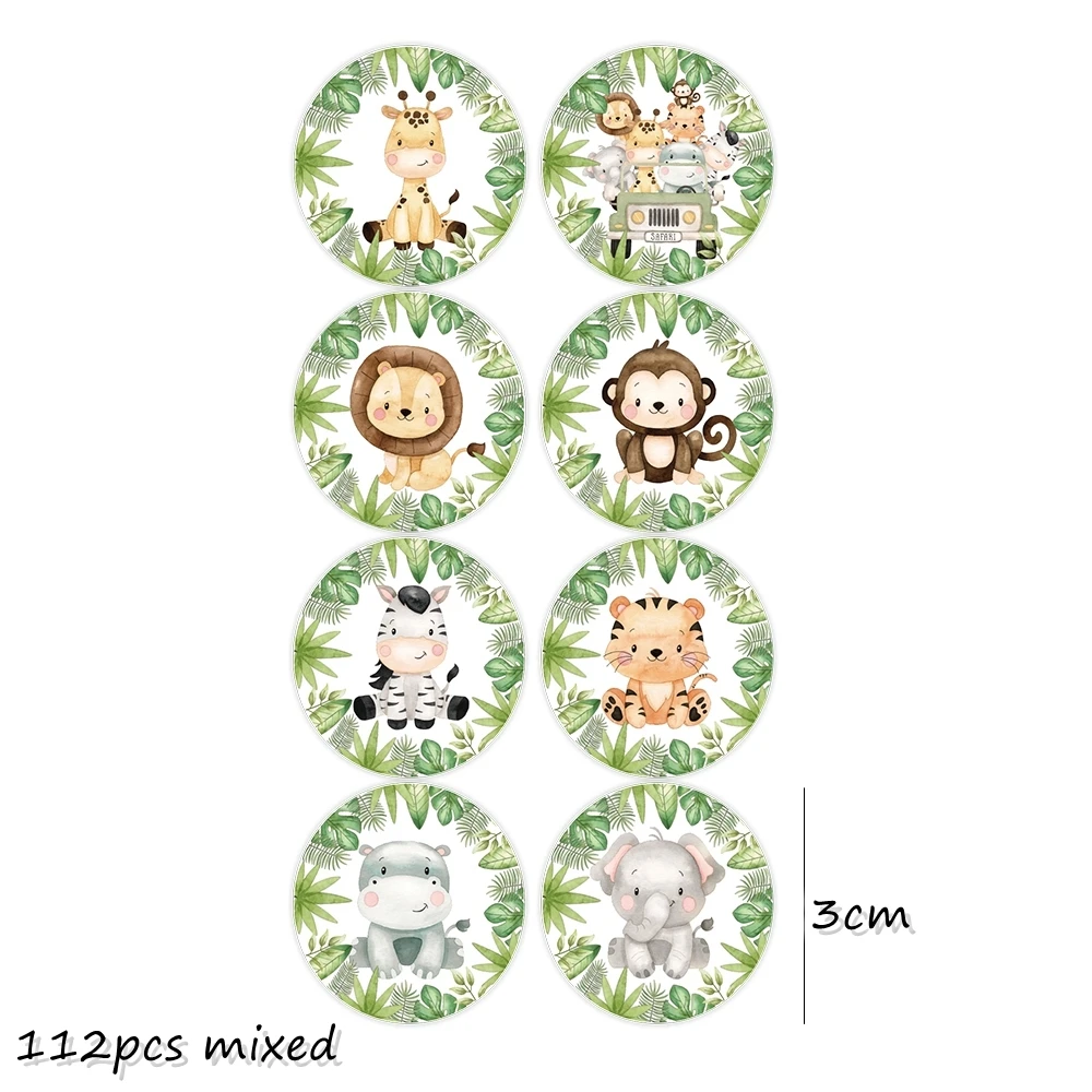 112pcs Carton Animal Stickers 3cm Round Sticker for Kids Jungle Safari Animal Birthday Party Decor DIY Cookie Packaging Supply