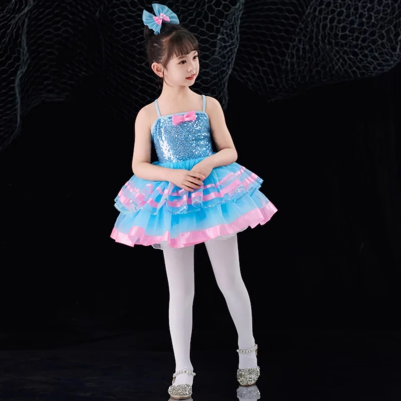 الترتر ملابس رقص الفتيات غنائية المعاصرة حرة الأزرق فستان رقص حديث الفتيات الأطفال مرحلة ارتداء مهرجان الاحتفال