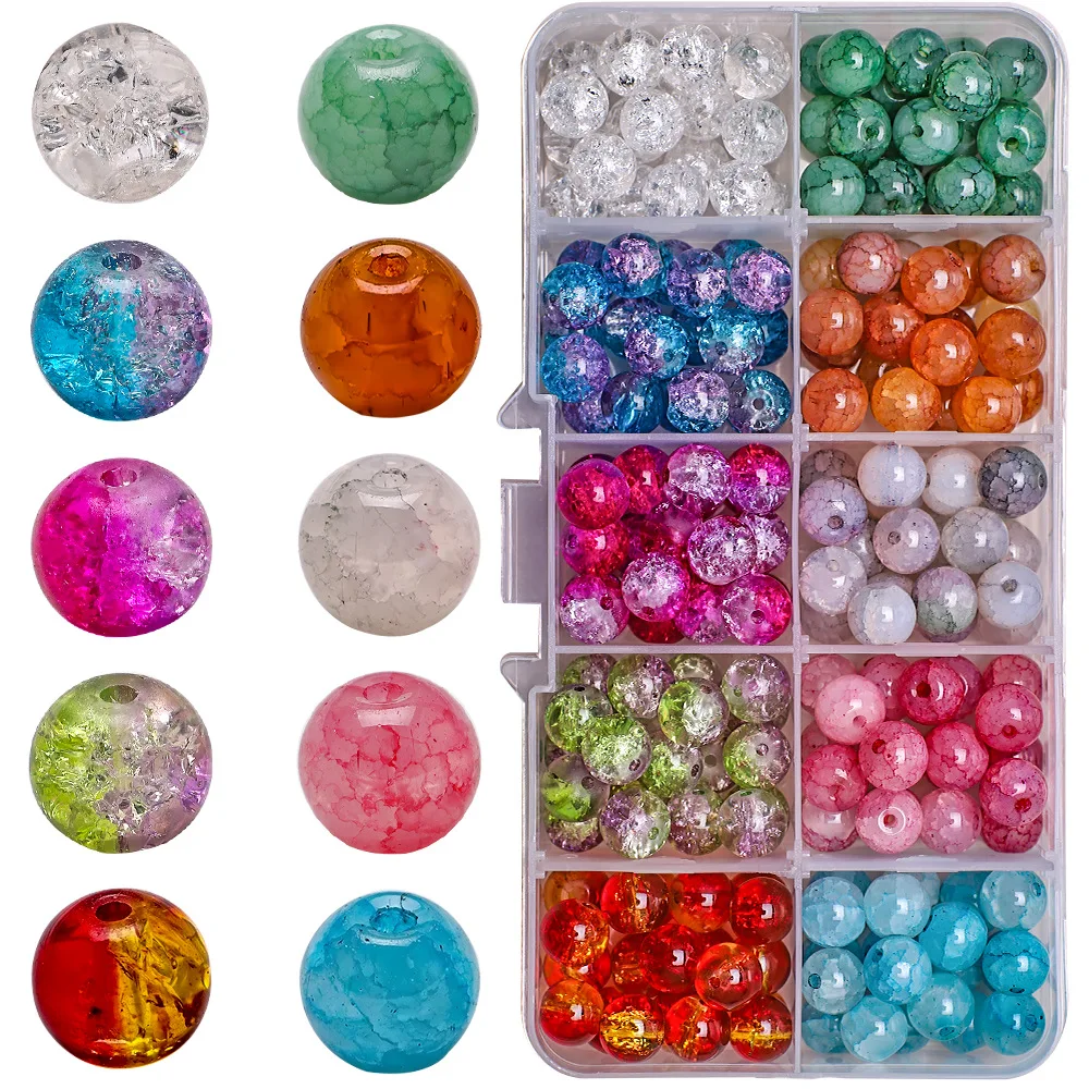 200Pcs/Box 8MM Round Transparent Crackle Glass Bead Mixed Color Crystal Glass Interval Beads DIY Make Charm Bracelet Accessories