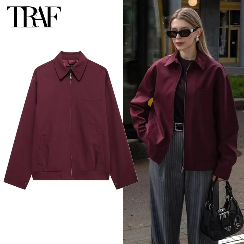 TRAF Zipper Bomber Jackets for Women Autumn Outerwears Overcoat Female Long Sleeve Loose Jacket Women Coats Retro Women's Jacket