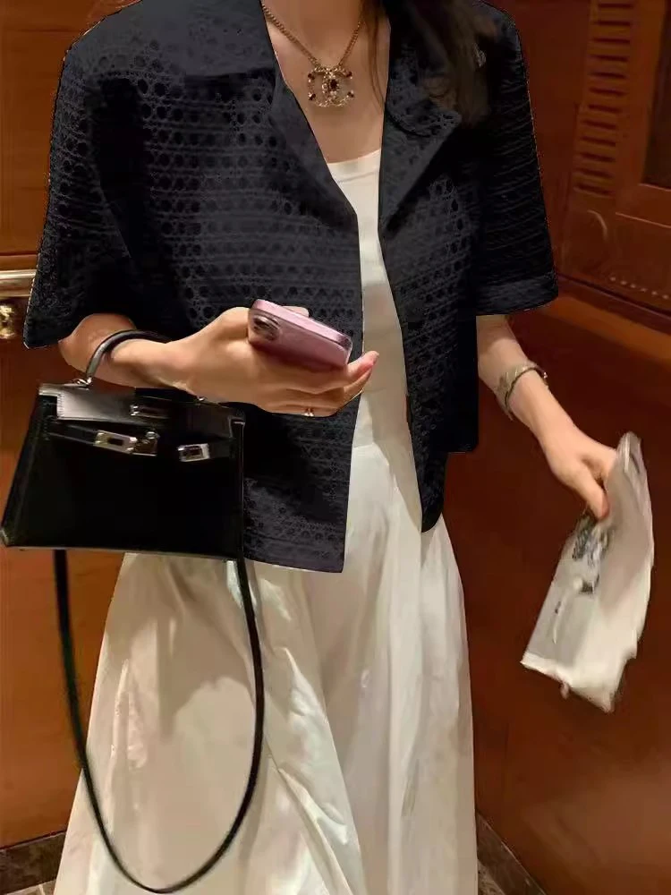 ملابس خارجية أنيقة شفافة مجوفة بأكمام قصيرة للسيدات صيفية بنمط جديد بدلة فضفاضة راقية سترة قصيرة قابلة للتنفس #3