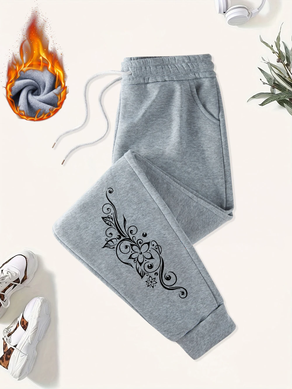 Pantalon de survêtement imprimé fleur et vigne pour femme, basique, polaire, ample, assorti avec tout, sport, automne hiver, Streetwear