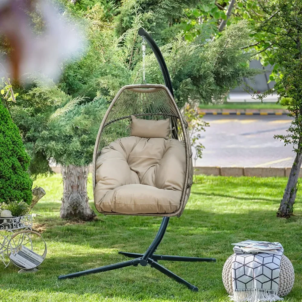 

Egg Chair Indoor Outdoor with Stand Swing Hanging Hammock Chair with Soft Cushion Patio Aluminum Frame Wicker Chair for Outside