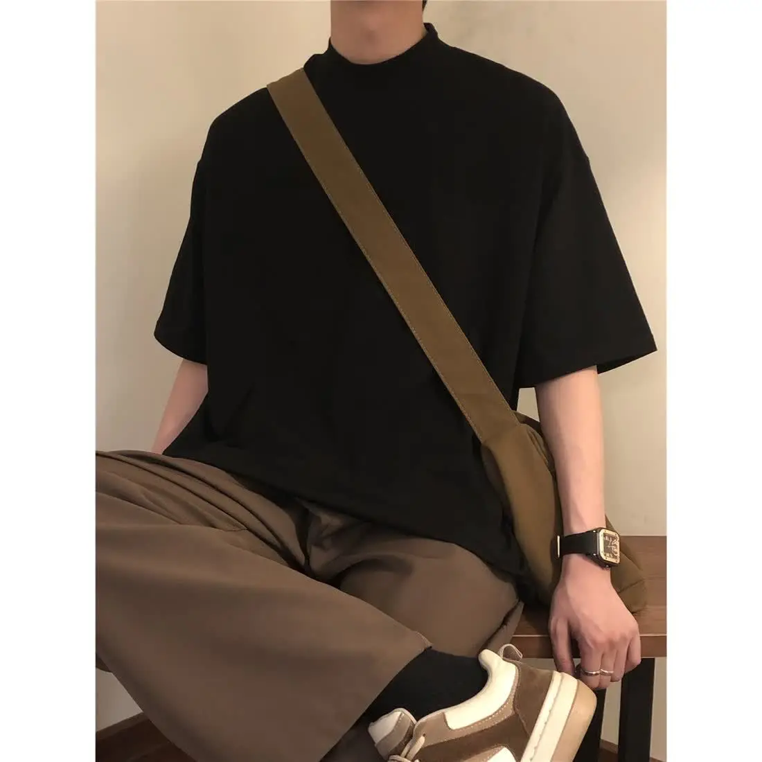 2024 Summer New Solid Color Black Half Turtleneck T Shirts for Men Short Sleeve Loose Casual Ins Top Harajuku Oversized T Shirt