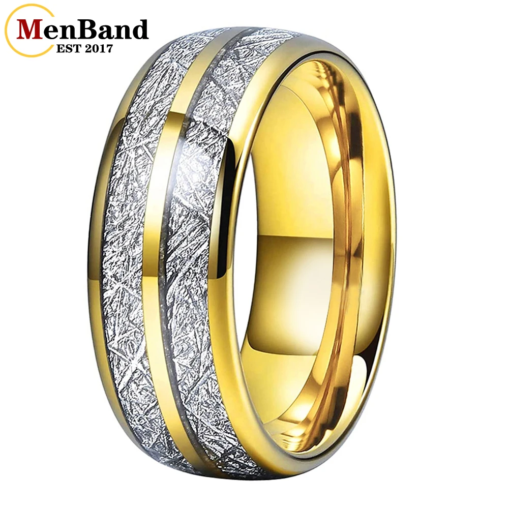 

MenBand 6/8MM Men Women Tungsten Wedding Band Ring With Double Groove White Meteorite Inlay Comfort Fit