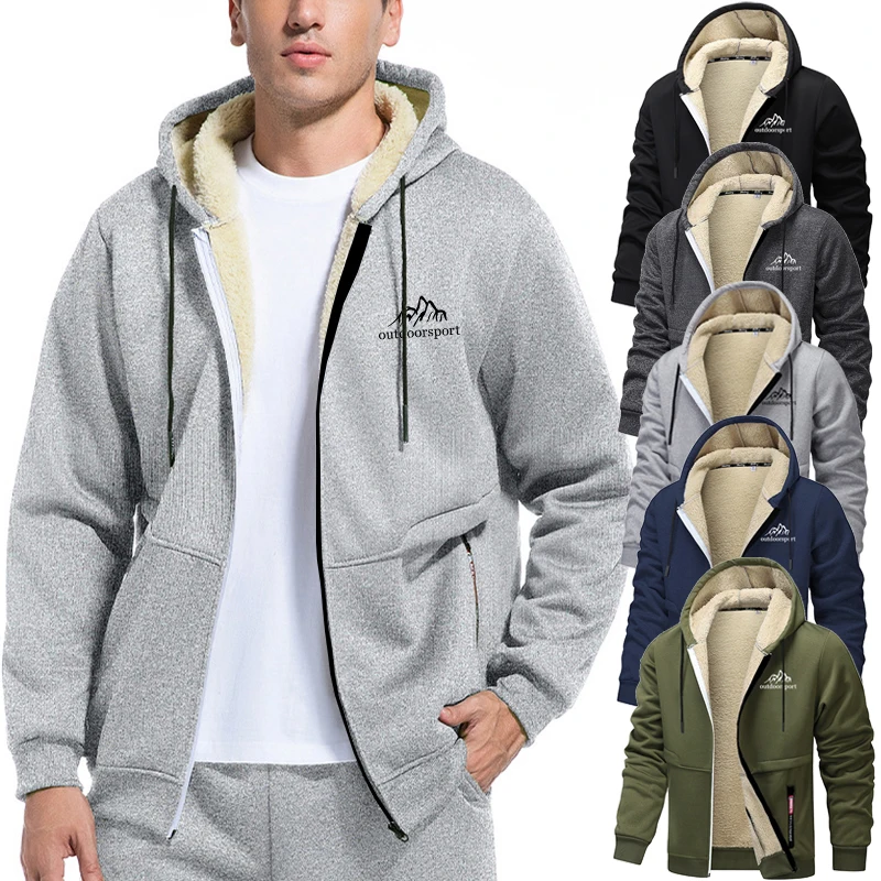 

Mountain Letter Graphic Sherpa Plush Jacket for Men Winter Warm Fleece Outerwear Casual Zip Up Hooded Coat with Zipper Pocket