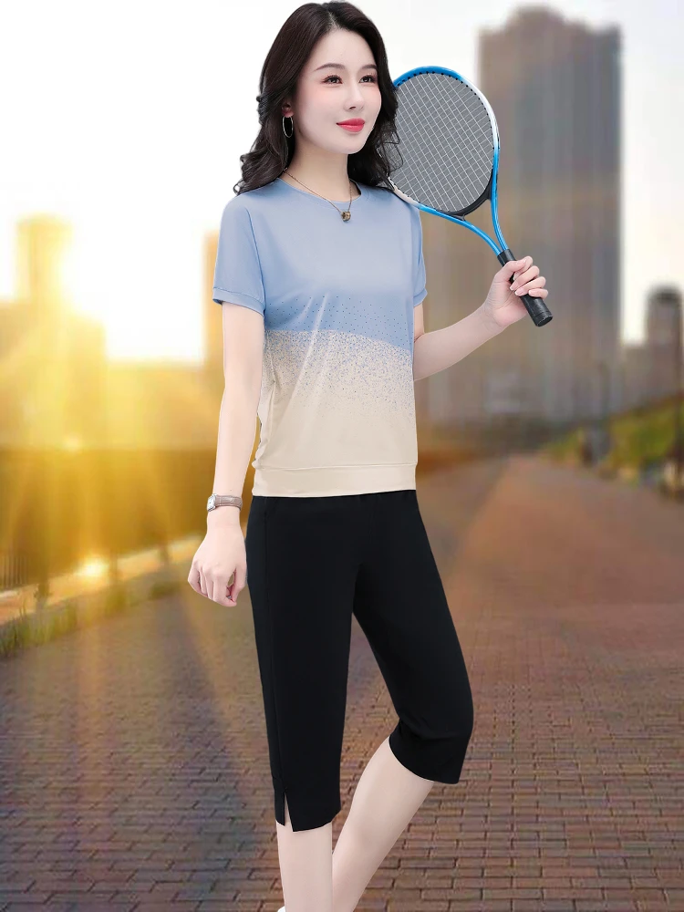 Qui Dry Sportswear Set for Women Summer Thin Sle Agel Mom Fit Seven-Foot Pants Casual Sportswear ort Sve round Ne