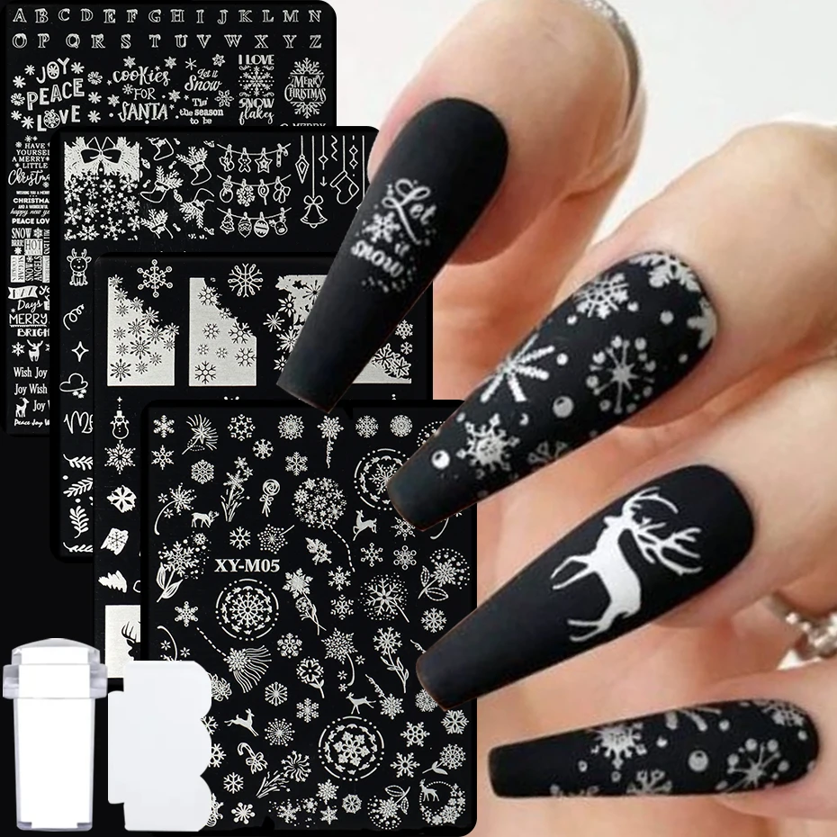 4 Stück Weihnachts-Nagelstempelplatten mit einem Stempel, Cartoon-Schneeflocke, Weihnachtsbäume, Nageldesign, DIY Nagelbildübertragungswerkzeuge