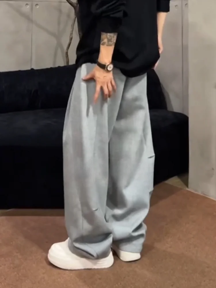 Fall Heavyweight High Street Lazy Style Pleated Casual Men's Loose Wide Leg Knife Pants Sweatpants Elastic Waist Cotton Polye...