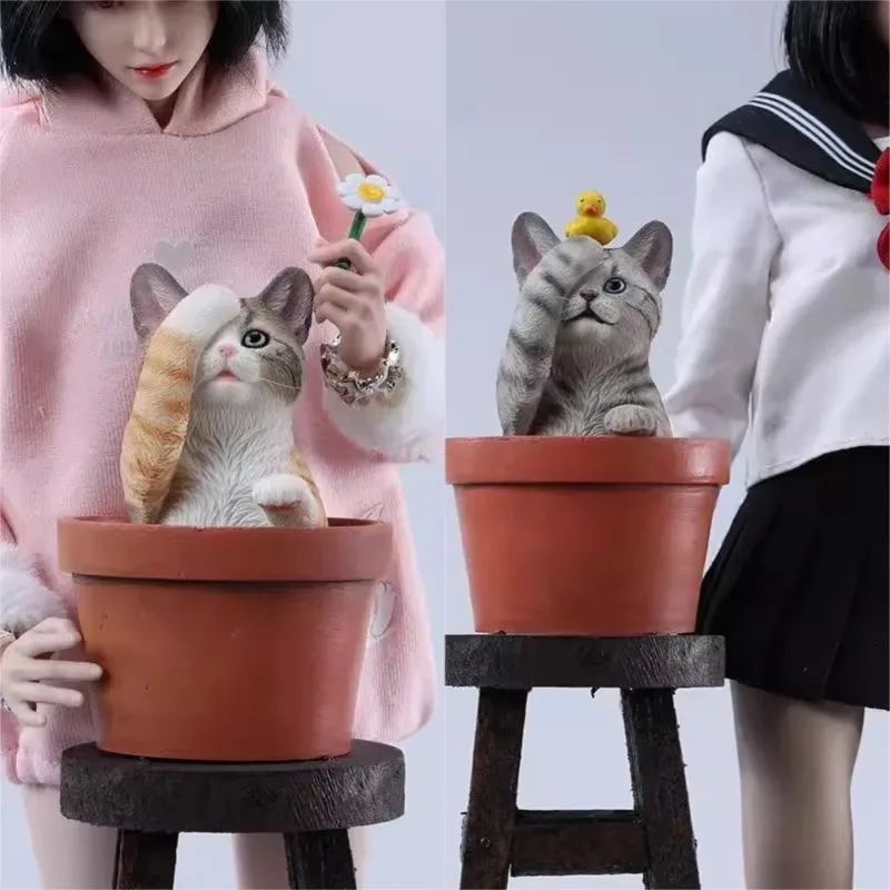 

1/6 Scale Simulation Resin Cute Flowerpot Cat Multiple Colors Animal Model for 12inch Toy Figures Scene Accessory Gift Collect