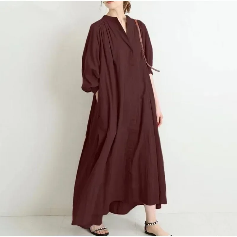 Loose Large Size Shirt Dress Knee-Length Open Cardigan Cotton Linen Base Shirt Elegant Long Sleeve Women's Dress