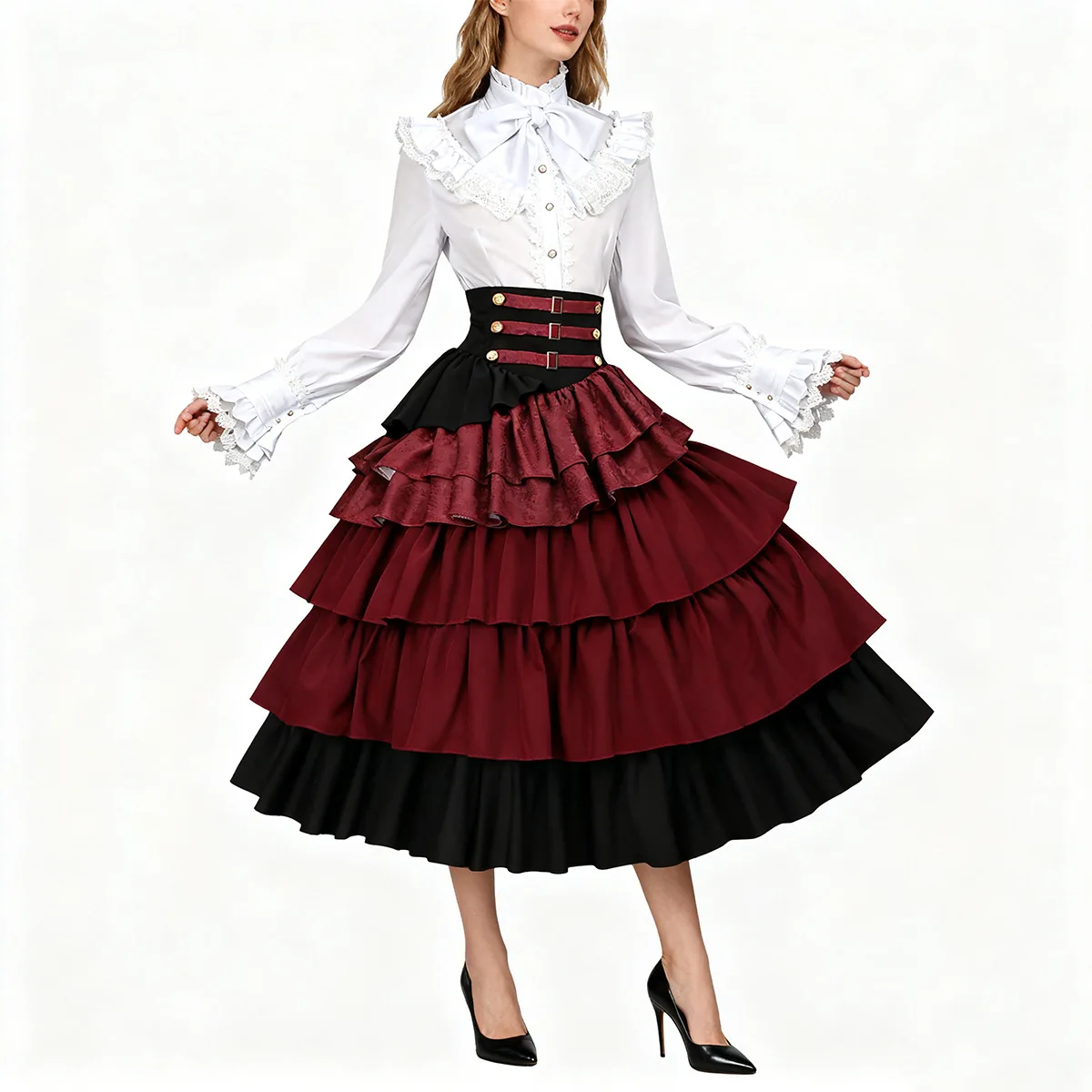 

Винтажное платье в стиле стимпанк для косплея, викторианское средневековое атласное платье с рюшами и отделкой лотоса, готические юбки, женская юбка-корсет, пиратские костюмы